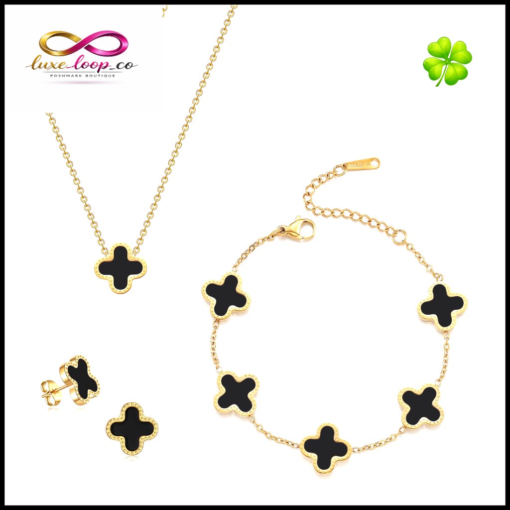 18k Gold Plated Four Leaf Clover Jewelry Set Bracelet Necklace Earrings